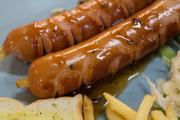 Grilled sausage with sauce and Fresh salad and French fries