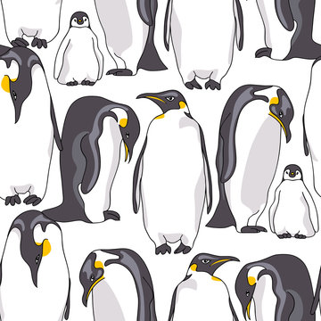 Seamless pattern with image of Emperor penguin on a white background. Vector illustration.