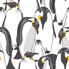 Seamless pattern with image of Emperor penguin on a white background. Vector illustration.