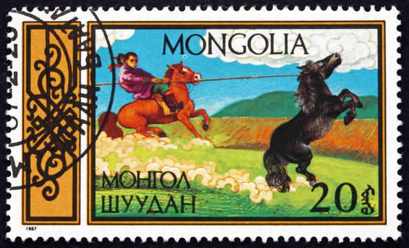 Postage stamp Mongolia 1987 Lassoer, Traditional Equestrian sport