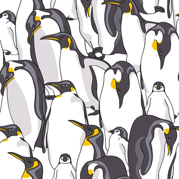 Seamless pattern with image of Emperor penguin on a white background. Vector illustration.