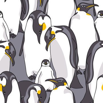 Seamless pattern with image of Emperor penguin on a gray background. Vector illustration.