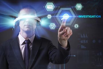 Business, Technology, Internet and network concept. Young businessman working in virtual reality glasses sees the inscription: Investigation