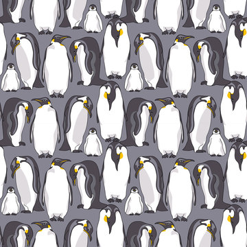 Seamless pattern with image of Emperor penguin on a gray background. Vector illustration.