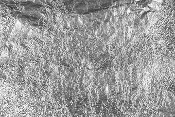 Crumpled silver aluminum foil background, abstract texture