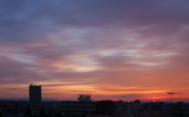 City Ceske Budejovice in sunset with crane, long exposure, Czech republic