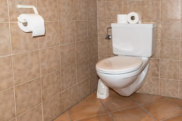 Altmodische weiße Toilette mit braunen Fliesen