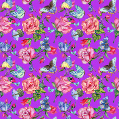 Exotic butterfly wild insect and roses pattern in a watercolor style. Full name of the insect: blue butterfly. Aquarelle wild insect for background, texture, wrapper pattern or tattoo.