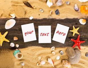 Blank white card for your message and a shell and stars on summer beach