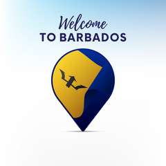 Flag of Barbados in shape of map pointer or marker. Welcome to Barbados. Vector illustration.