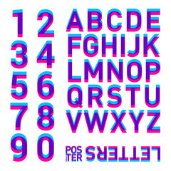 Stereo alphabet. Stereoscopic letters in numbers. The alphabet is pink with blue. Letters for the poster.