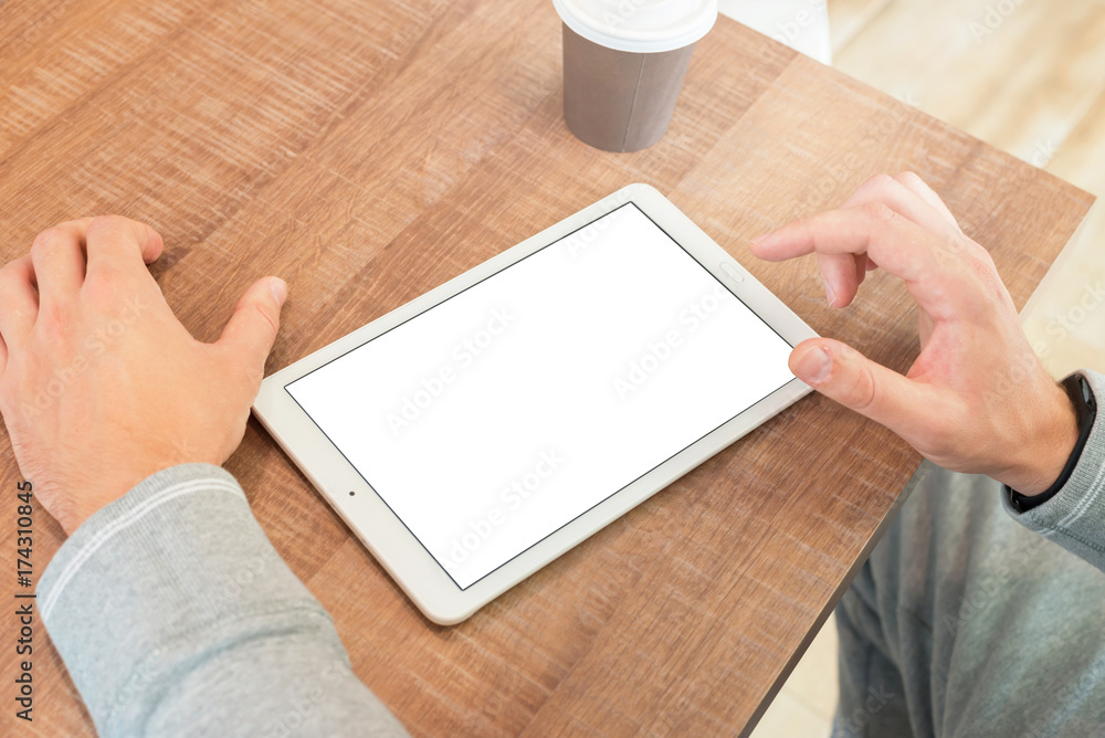 Poster guy touch tablet display. isolated blank screen for mockup.