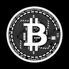 Crypto currency white coin with black lackered bitcoin symbol on obverse isolated on black background. Vector illustration. Use for logos, print products, page and web decor or other design.