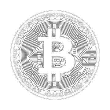 Crypto currency black coin with black lackered bitcoin symbol on obverse isolated on white background. Vector illustration. Use for logos, print products, page and web decor or other design.