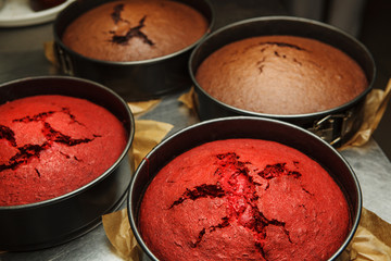 Chocolate and strawberry cakes in iron mold for baking
