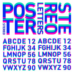 Stereo alphabet. Stereoscopic letters in numbers. The alphabet is pink with green. Letters for the poster.
