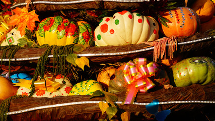 Colorful pumpkins on the fair, painted halloween pumpkins, autumn background