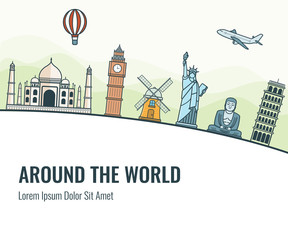 Travel composition with famous world landmarks. Travel and Tourism. Vector 