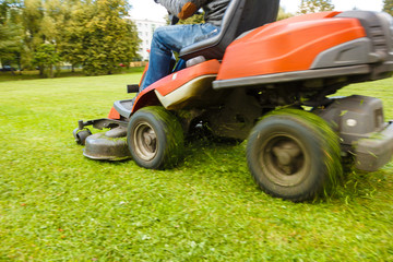 the lawn mower drives through a green meadow