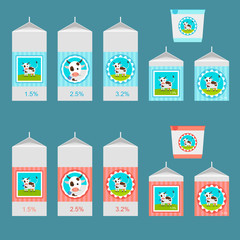 Boxes with dairy products. Vector set.