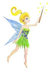 Fototapeta na wymiar Watercolor drawing of a cute fairy with a magic shelf on a white background