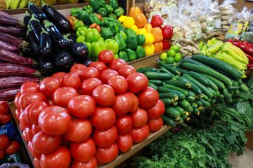 Variety of fresh vegetables in the greek grocery shop.