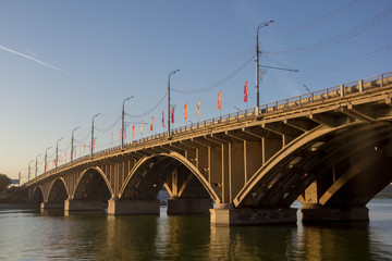Vogresovsky Bridge through Voronezh water reservoir at sunny day