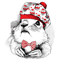 Portrait of a gopher in beret hat with image owls and red tie. Vector illustration.