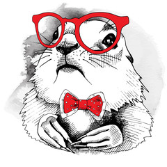 Portrait of a gopher in red glasses and tie. Vector illustration.