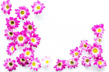 Floral pattern with pink flowers on white background top view copyspace