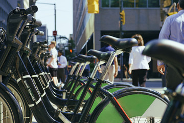 Toronto downtown, bicycle racks at sunset