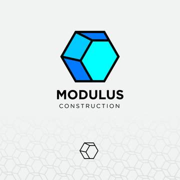 Modulus flat logo. Construction emblem. Architecture and furniture Icon. Hexagonal Pattern Module. Identity. Construction, reconstruction, repair. Urban development.