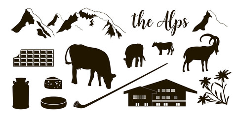 The Alps flat icons. Mountain Matterhorn, Alpine ibex, chalet, edelweiss flowers, alpenhorn