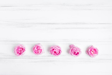 Decorative pattern with five pink roses on white background
