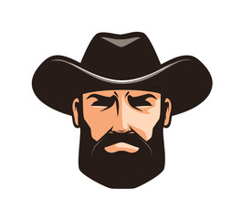 American cowboy logo or label. Sheriff, wrangler, rodeo symbol. Cartoon vector illustration