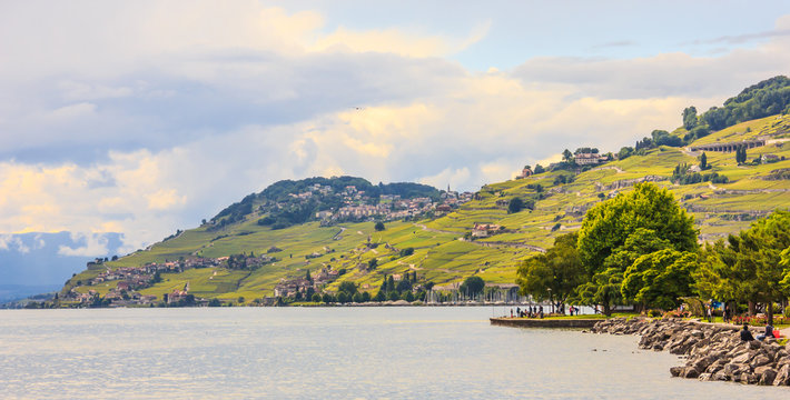 Beautiful Summer landscape of Lake Geneva, Lavaux vineyard terraces and Alps, Lutry village, Switzerland, Europe.