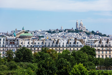 Panorama of Paris with Sacre Coeur Basilica on Montmartre hill. Paris, France