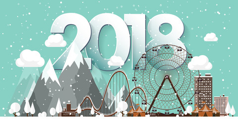 Vector illustration. 2018 winter urban landscape. City with snow. Christmas and new year. Cityscape. Buildings.Mountaines, nature. Ferris wheel, park.