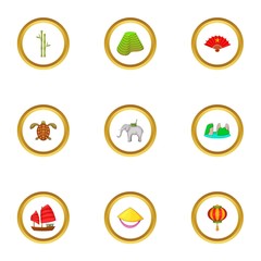 Vietnam travel icons set, cartoon style