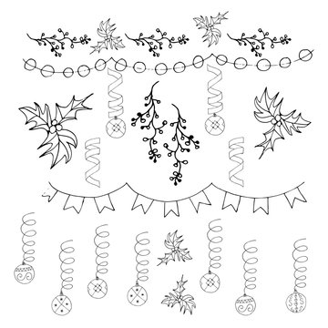 Colorful Christmas decoration, christmas bells and holly black on white vector illustration