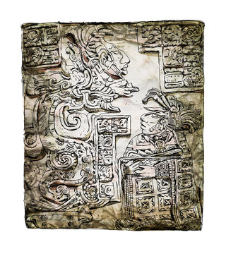 Bas-relief carving with of a Quetzalcoatl, pre-Columbian Maya civilisation. Sketch with colourful water colour effects 