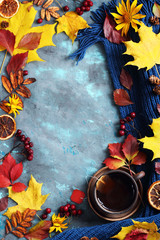 autumn leaves, cup of tea and scarf on blue background