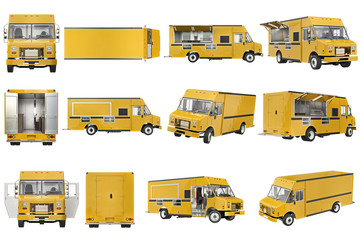 Food truck eatery cafe on wheels set. 3D rendering