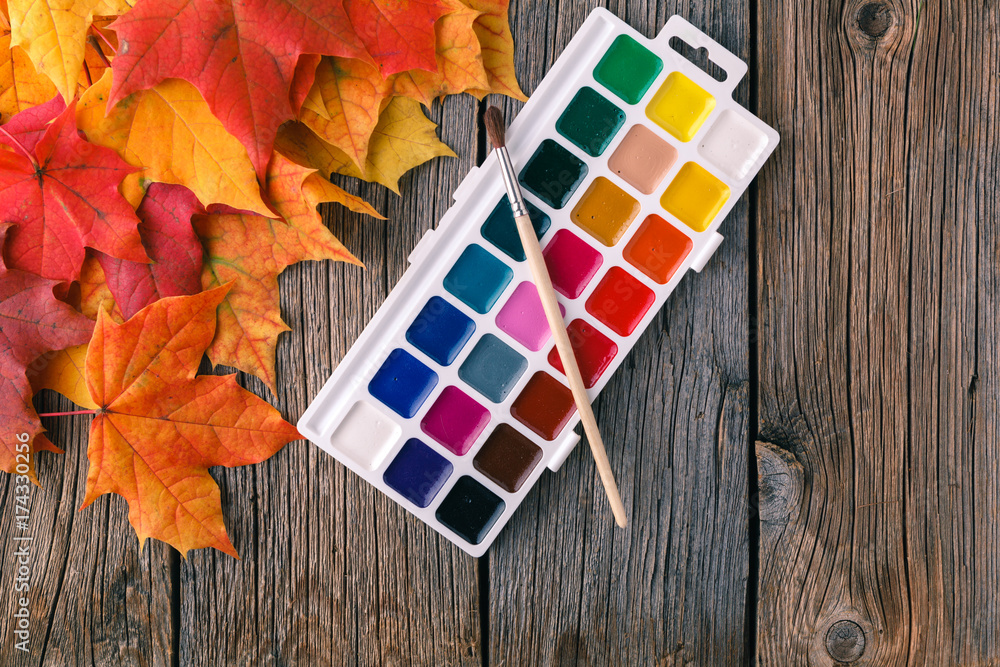 Wall mural autumn maple leaves on rustic table