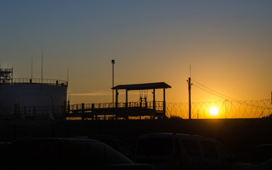 Sunset post apocalyptic landscape. Industrial abandoned place