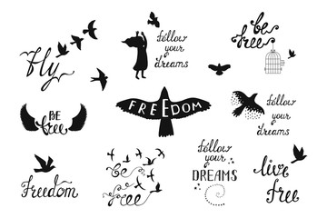 Vector set of hand drawn calligraphy phrases with flying birds, 