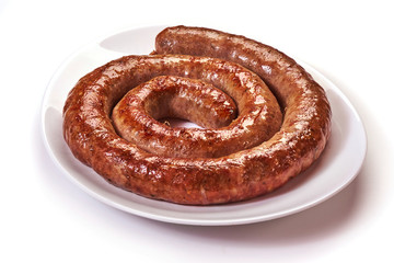 spiral grilled sausage isolated on the white background