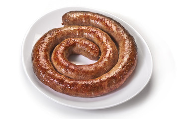 spiral grilled sausage isolated on the white background