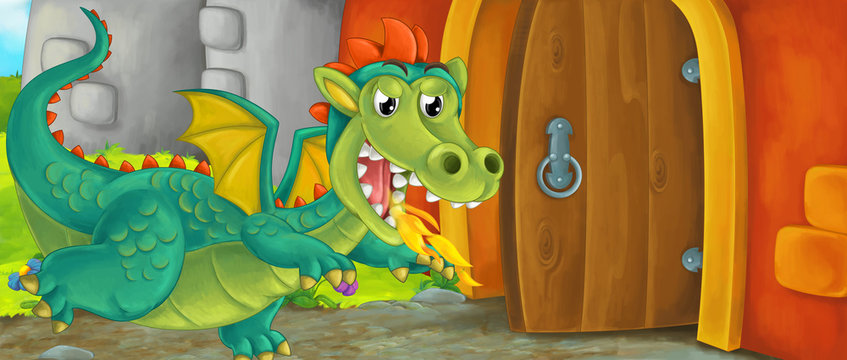 Cartoon happy scene of an old style entrance of castle with dragon standing in front of it - stage for different usage - illustration for children
