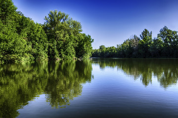 Beautiful landscape, trees reflection in the lake water under blue sky